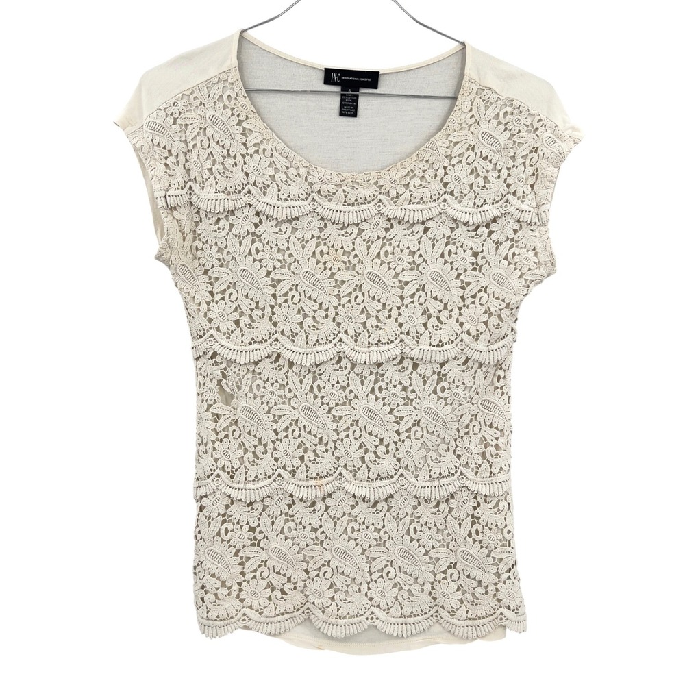 INC Women's Cream Floral‎ Lace Top Cap Sleeve Romantic Soft Girl Fairy Shirt S